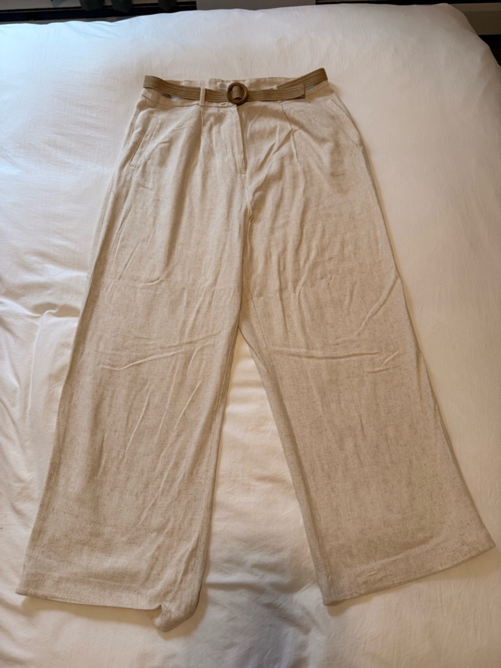 Primark Cream Wide-Leg Knit Pants with Woven Belt